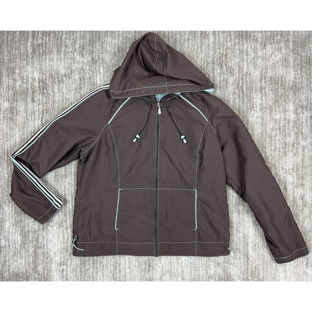 Fuda Windbreaker Womens L Brown Mint‎ Green Zip Hooded Athletic Jacket Striped
